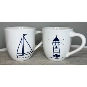 TRISH RICHMAN By The Sea Set of 2 Mugs Sail Boat & Lighthouse Blue Cape Cod 1999
